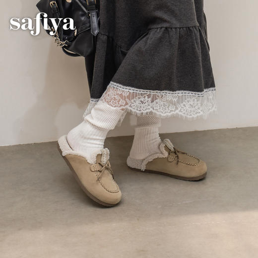 预售|Safiya/索菲娅2025冬季加绒保暖复古休闲百搭外穿毛毛包头勃肯拖SFD4110098 商品图9