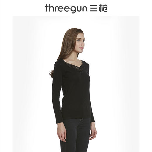Threegun三枪 维耐寒德绒花边V领长袖女衫-22552A921 商品图4