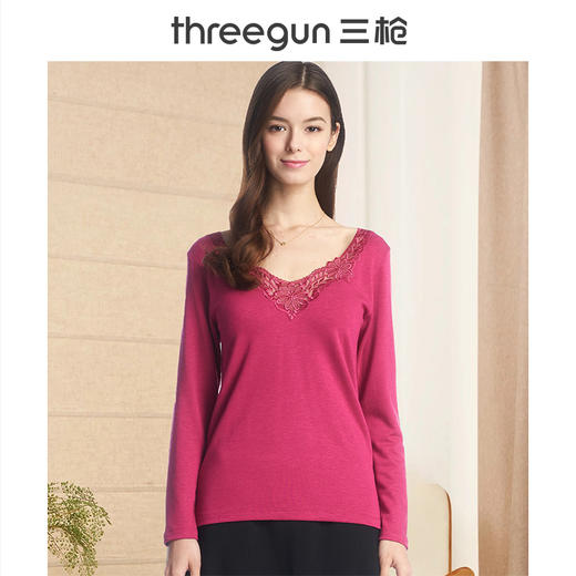 Threegun三枪 维耐寒德绒花边V领长袖女衫-22552A921 商品图0