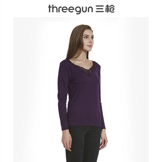Threegun三枪 维耐寒德绒花边V领长袖女衫-22552A921 商品图10