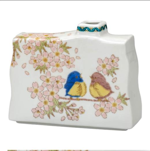 日本进口九谷烧樱花雀鸟吉祥锦鲤方形小花器插花瓶桌面摆件装饰品九谷烧花福雀花瓶12cm 商品图0