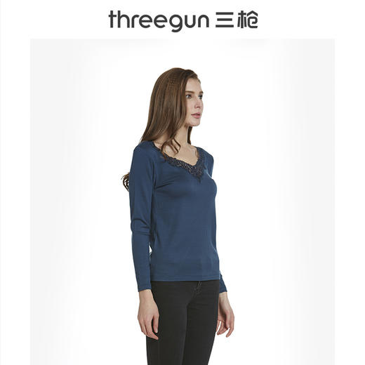 Threegun三枪 维耐寒德绒花边V领长袖女衫-22552A921 商品图7
