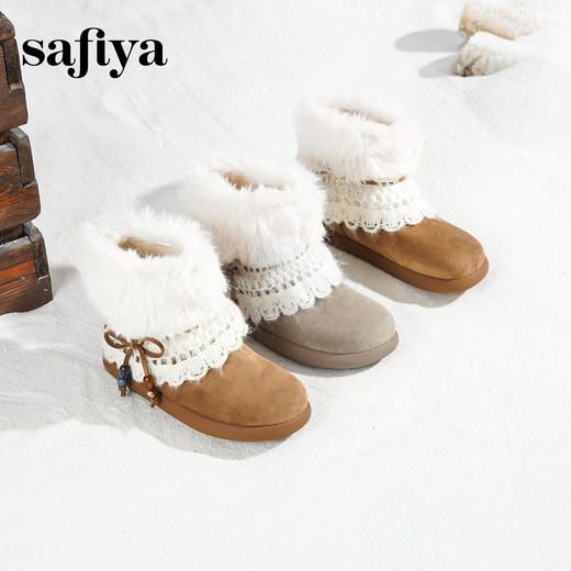 预售|Safiya/索菲娅2025冬季保暖抗寒甜美蕾丝蝴蝶结百搭休闲软底雪地靴SFD411AM03 商品图6