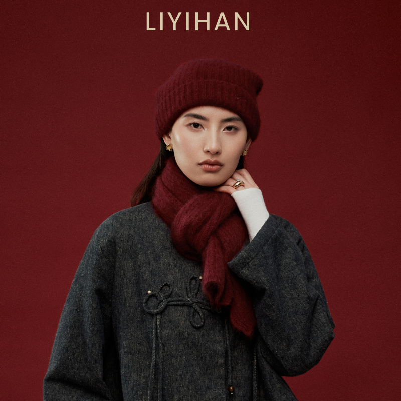 LIYIHAN岁暖红 2025冬季新款拉绒羊毛保暖毛线围巾厚款红色围脖女
