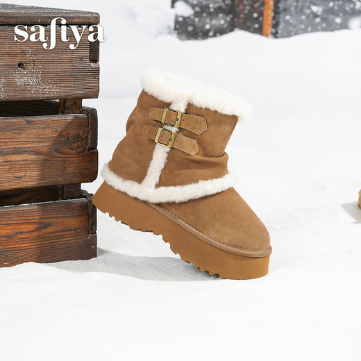 预售|Safiya/索菲娅2025冬季加绒防寒厚底增高中筒百搭裤管保暖雪地靴SFD411AM01 商品图0