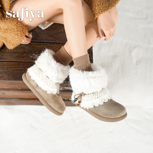 预售|Safiya/索菲娅2025冬季保暖抗寒甜美蕾丝蝴蝶结百搭休闲软底雪地靴SFD411AM03 商品图10