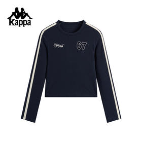 Kappa 运动长袖t恤女新款复古条纹修身短款训练刺绣上衣K0G22TC01