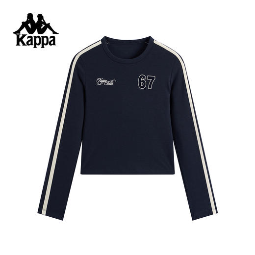 Kappa 运动长袖t恤女新款复古条纹修身短款训练刺绣上衣K0G22TC01 商品图0