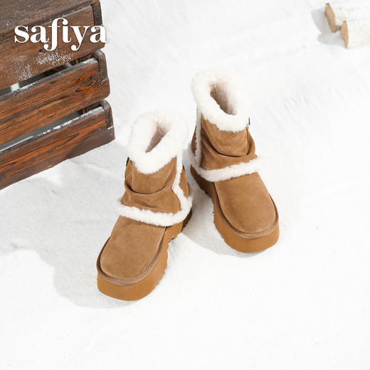预售|Safiya/索菲娅2025冬季加绒防寒厚底增高中筒百搭裤管保暖雪地靴SFD411AM01 商品图4