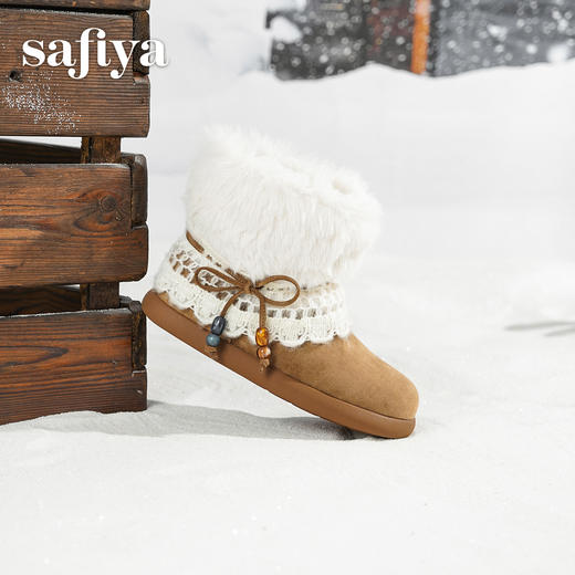 预售|Safiya/索菲娅2025冬季保暖抗寒甜美蕾丝蝴蝶结百搭休闲软底雪地靴SFD411AM03 商品图3