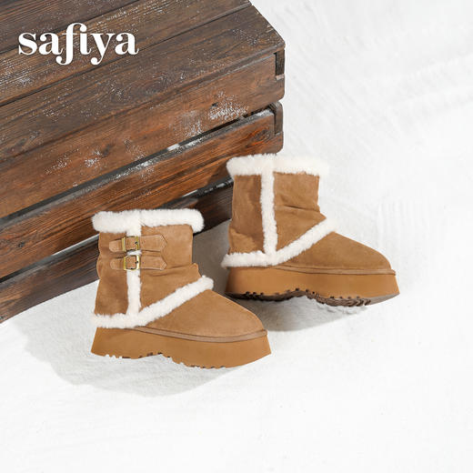 预售|Safiya/索菲娅2025冬季加绒防寒厚底增高中筒百搭裤管保暖雪地靴SFD411AM01 商品图3