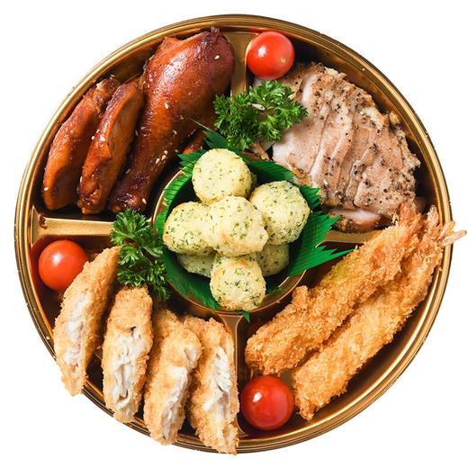 炸烤拼盘/份(内含：烤鸡翅2个烤鸡腿1个,美式烤肉40g白身鱼排2个虾棒2个,鳕鱼球8个） 商品图3