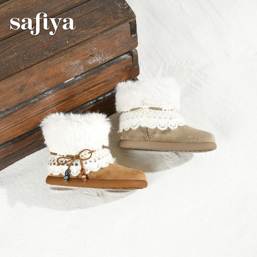 预售|Safiya/索菲娅2025冬季保暖抗寒甜美蕾丝蝴蝶结百搭休闲软底雪地靴SFD411AM03 商品图5