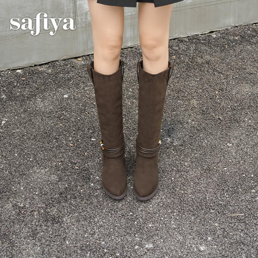 预售|Safiya/索菲娅2025波嬉风时尚通勤及膝尖头加绒复古高筒西部靴SFD4119M01 商品图9