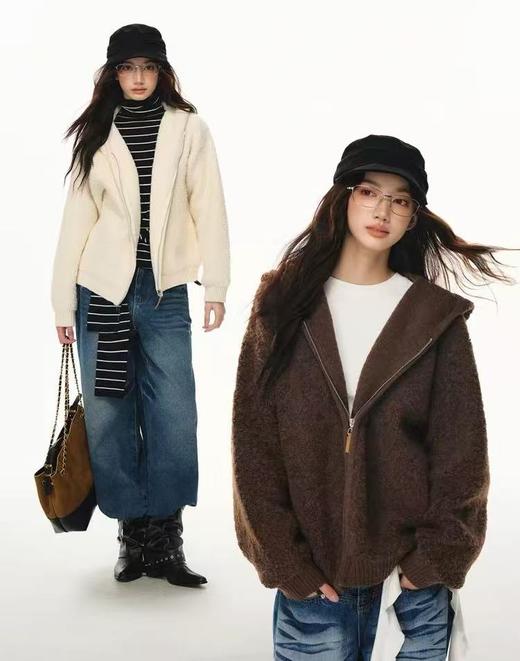 女王节抢购价-不支持退 清！不支持退货 【自营】超值促→冬季新品毛巾圈圈连帽毛衣开衫女气质优雅通勤双色-喜出 商品图5