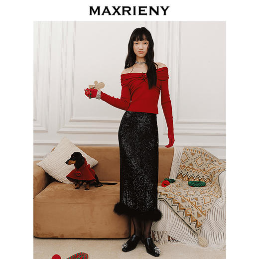 MAXRIENYMAXRIENY优雅一字肩针织红色上衣女(货号:MC85SW761) 商品图1