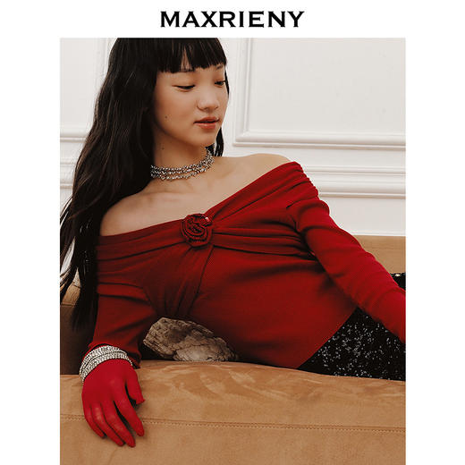 MAXRIENYMAXRIENY优雅一字肩针织红色上衣女(货号:MC85SW761) 商品图2