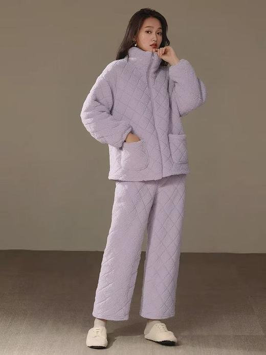 超暖珊瑚绒【套装】冬季内里加绒两件套菱形格套装中厚睡衣-喜出 商品图3