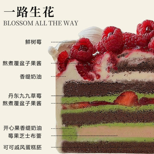 一路生花【鲜树莓/丹东九九草莓/熬煮覆盆子果酱/开心果香缇奶油/莓果芝士布蕾/可可戚风蛋糕胚】 商品图1