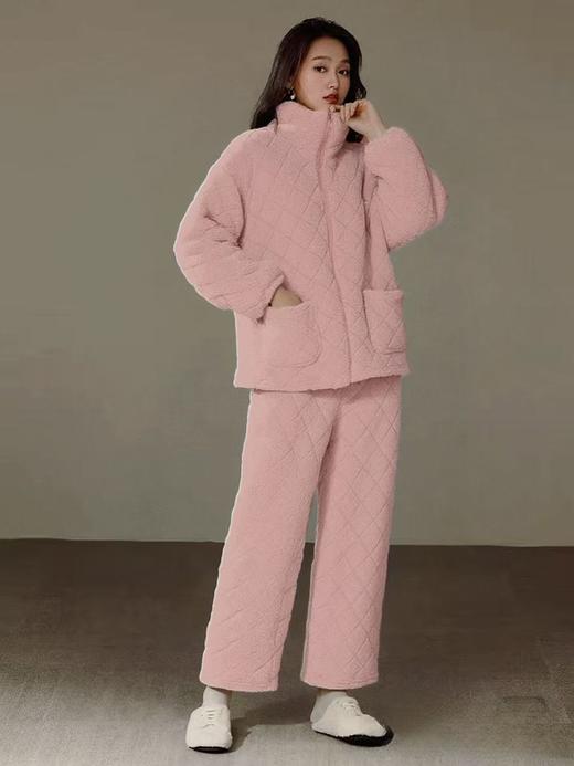 超暖珊瑚绒【套装】冬季内里加绒两件套菱形格套装中厚睡衣-喜出 商品图4