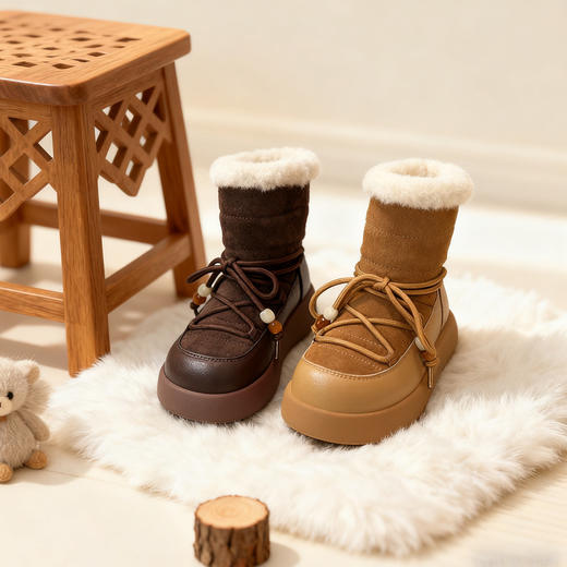 西村名物2025年冬季新款厚底防滑厚绒绑带饱满圆通毛绒内里雪地靴毛毛鞋T25DS40041 商品图2