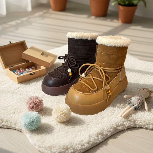 西村名物2025年冬季新款厚底防滑厚绒绑带饱满圆通毛绒内里雪地靴毛毛鞋T25DS40041 商品图0