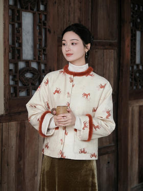 盛唐婧 | 新中式马上有钱纹丝毛夹棉外套-米橙