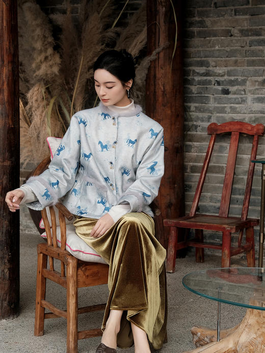 盛唐婧 | 新中式马上有钱纹丝毛夹棉外套-蓝色 商品图4