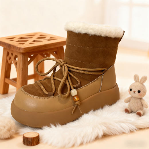 西村名物2025年冬季新款厚底防滑厚绒绑带饱满圆通毛绒内里雪地靴毛毛鞋T25DS40041 商品图7