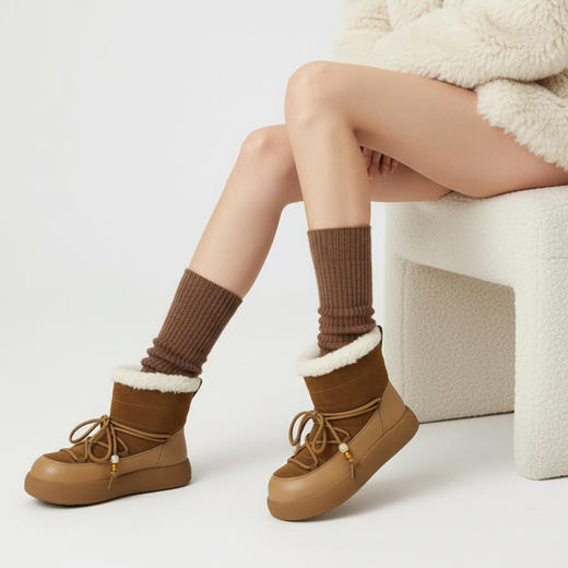 西村名物2025年冬季新款厚底防滑厚绒绑带饱满圆通毛绒内里雪地靴毛毛鞋T25DS40041 商品图6