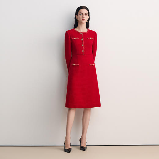 EITIE爱特爱圆领贴花边设计精致收腰小A包容性强时尚优雅连衣裙礼服8577201 商品图1