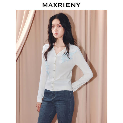 MAXRIENY修身提花v领羊毛针织衫女25秋款气质早秋穿搭长袖上衣(货号:MF86SW510) 商品图2