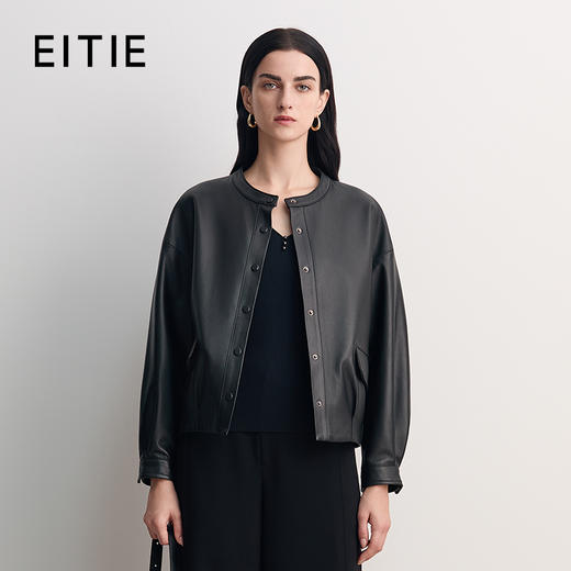EITIE爱特爱短款圆领夹克设计收腰下摆摩登时尚减龄皮衣8593201 商品图0