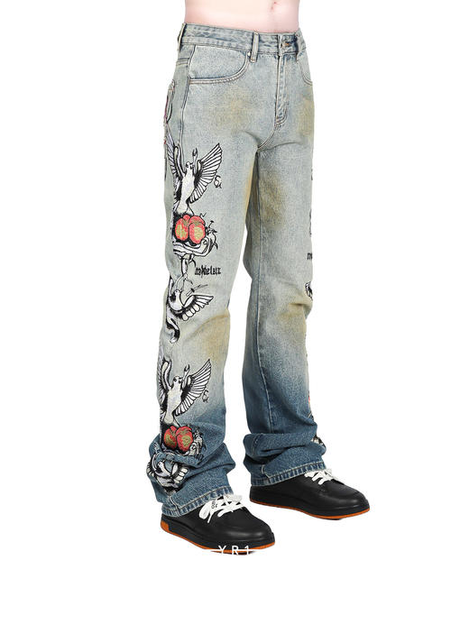Who Decides War | 和平鸽刺绣直筒牛仔裤 商品图1