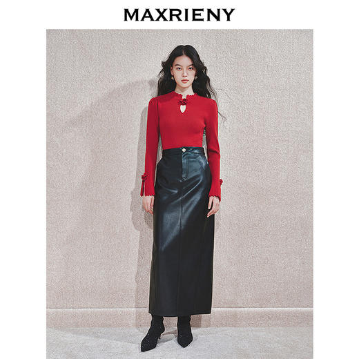 【商场同款-节庆穿搭新年红】MAXRIENY精致复古感H型加长皮半裙(货号:MC85SK791) 商品图1