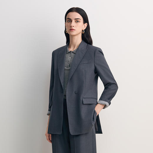 EITIE爱特爱袖里撞条纹面料翻袖口设计廓形时尚年轻长款西装外套8503204 商品图2