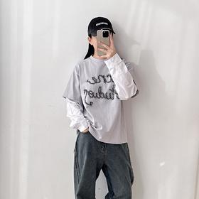 新款圆领字母刺绣拼接袖宽松假两件长袖T恤男女同款