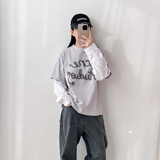新款圆领字母刺绣拼接袖宽松假两件长袖T恤男女同款 商品图0