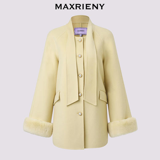 MAXRIENY千金风羊毛大衣25冬款领口围巾袖扣拼接毛条毛呢外套女(货号:MF86CT507) 商品图4