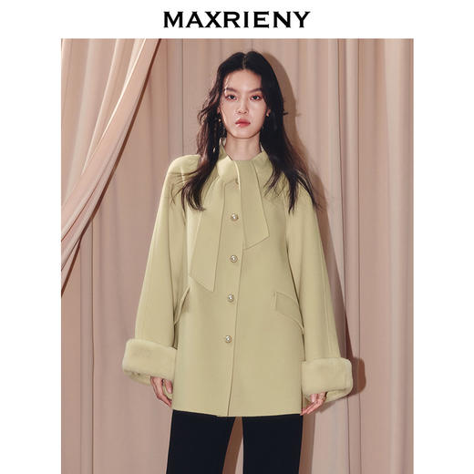MAXRIENY千金风羊毛大衣25冬款领口围巾袖扣拼接毛条毛呢外套女(货号:MF86CT507) 商品图1