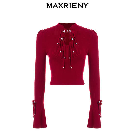 玛克门店发货：MAXRIENY新年红国风针织复古水晶扣套头毛衫修身上衣(货号:MC88SW820) 商品图0