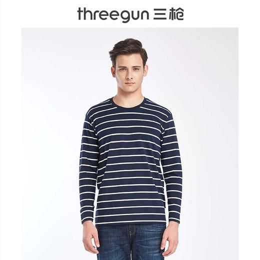 Threegun三枪 【丝柔弹力棉】条纹圆领男士长袖上衣打底衫-23191A011 商品图1