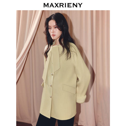 MAXRIENY千金风羊毛大衣25冬款领口围巾袖扣拼接毛条毛呢外套女(货号:MF86CT507) 商品图2