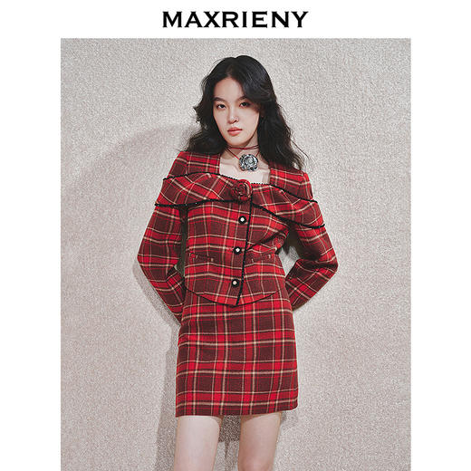 MAXRIENY【商场同款-节庆穿搭新年红】复古优雅感红格纹外套女(货号:MC85JA779) 商品图2
