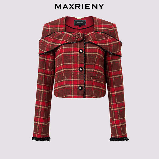 MAXRIENY【商场同款-节庆穿搭新年红】复古优雅感红格纹外套女(货号:MC85JA779) 商品图4