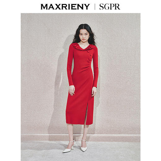 玛克门店发货：【商场同款-新年红系列】MAXRIENY优雅复古感连衣裙针织红色裙子(货号:MS85DR759) 商品图0