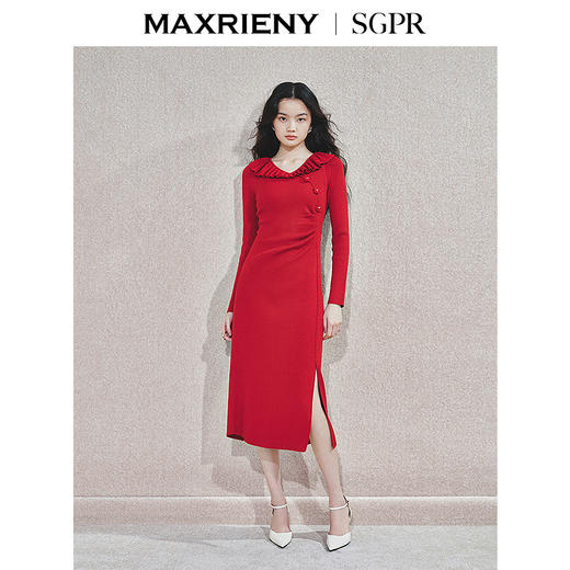 玛克门店发货：【商场同款-新年红系列】MAXRIENY优雅复古感连衣裙针织红色裙子(货号:MS85DR759) 商品图1