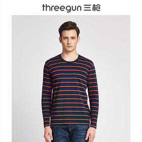 Threegun三枪 【丝柔弹力棉】条纹圆领男士长袖上衣打底衫-23191A011