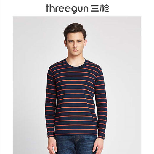 Threegun三枪 【丝柔弹力棉】条纹圆领男士长袖上衣打底衫-23191A011 商品图0