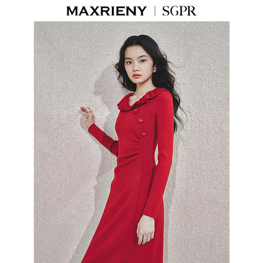 玛克门店发货：【商场同款-新年红系列】MAXRIENY优雅复古感连衣裙针织红色裙子(货号:MS85DR759) 商品图2